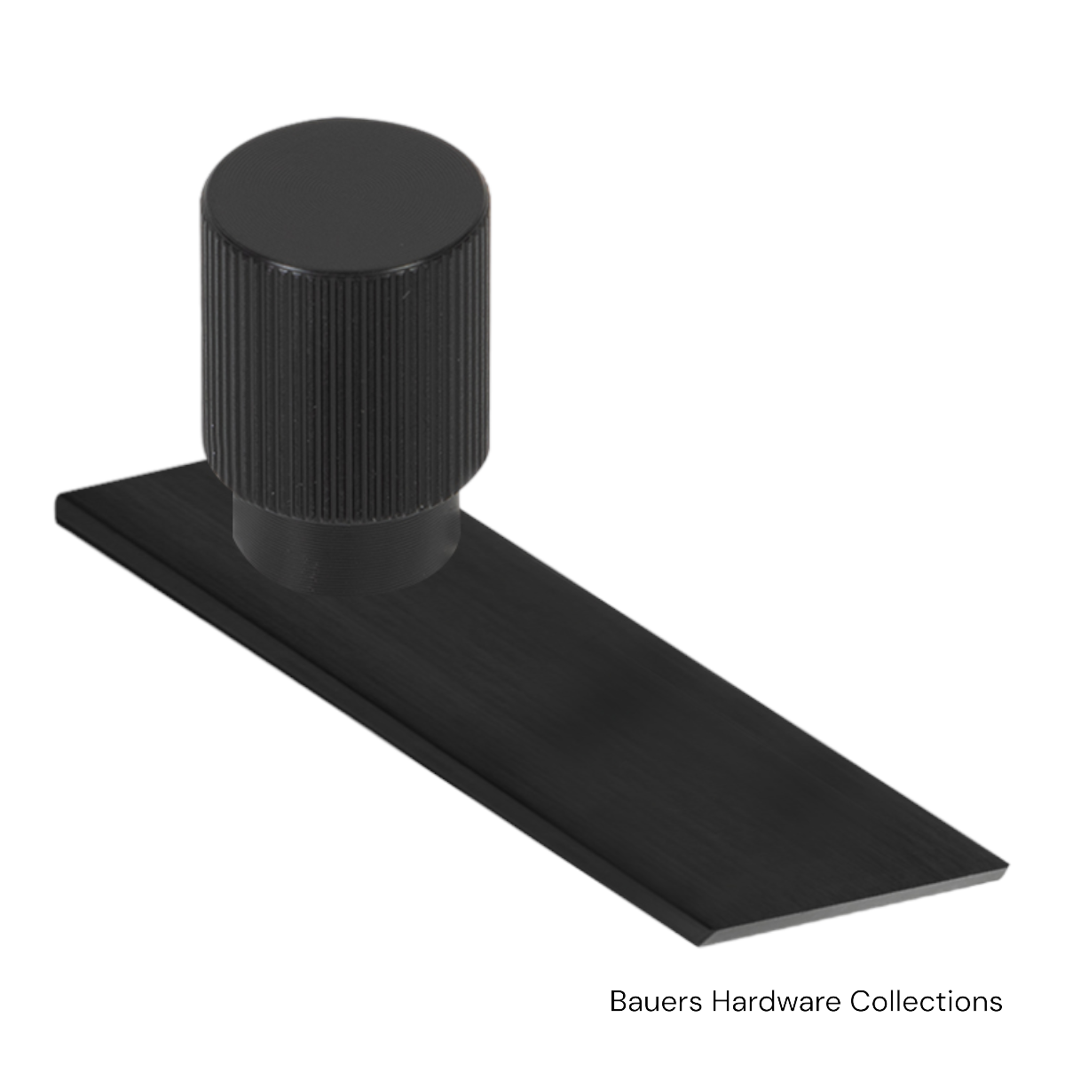 Charlotte cabinet knob and backplate in brushed black finish installed on kitchen cabinet
