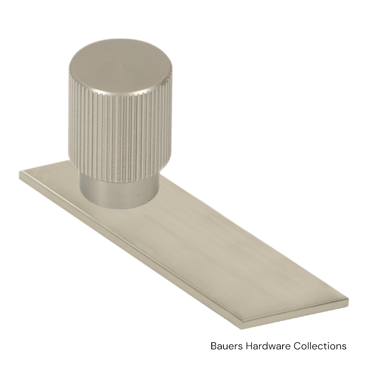 Charlotte Cabinet Knob and Backplate in brushed nickel finish on white kitchen cabinet
