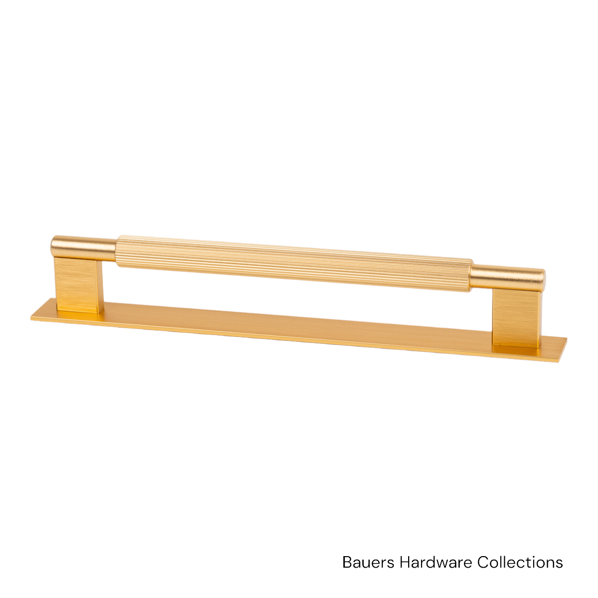 Brushed gold Charlotte cabinet handle with matching backplate mounted on a shaker-style kitchen cabinet door