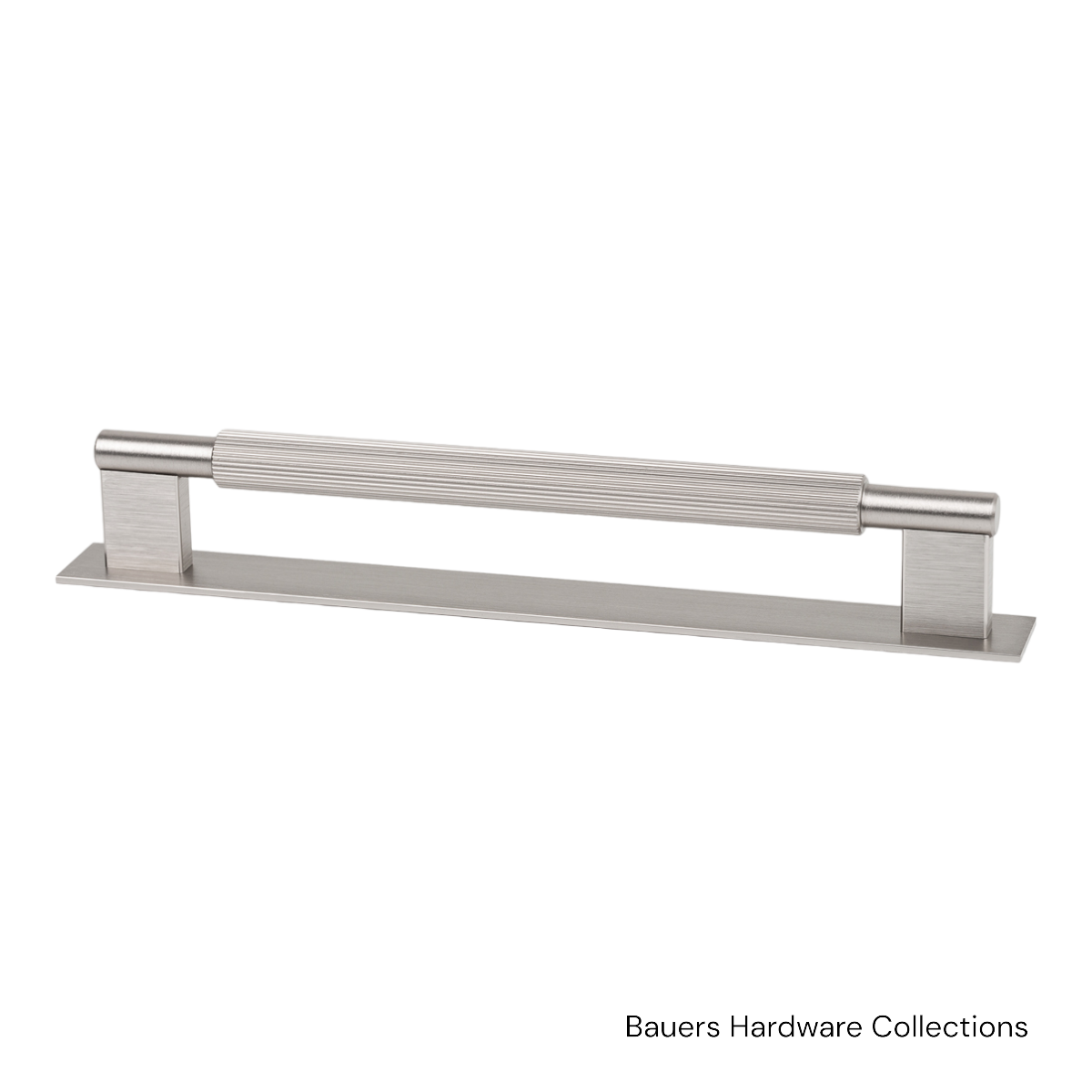 Charlotte shaker-style cabinet handle with matching brushed nickel backplate installed on a kitchen cabinet door